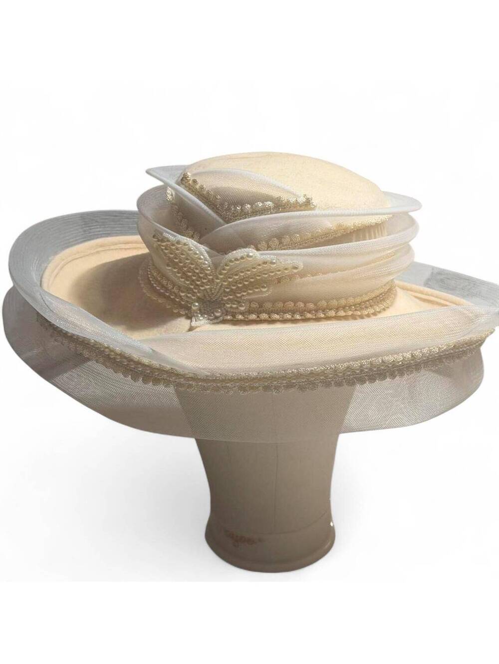 Vintage Deborah N York Ivory Pearl Embellished Wide Brim Hat